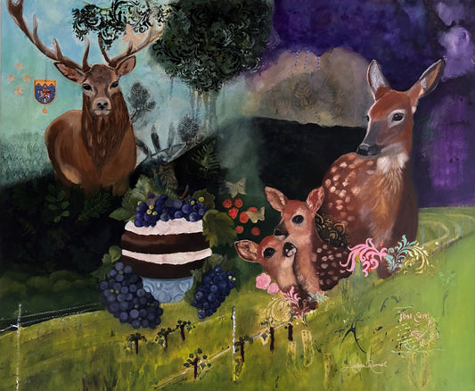 Oil painting, male deer, fawn, 2 bambies and a cake.
